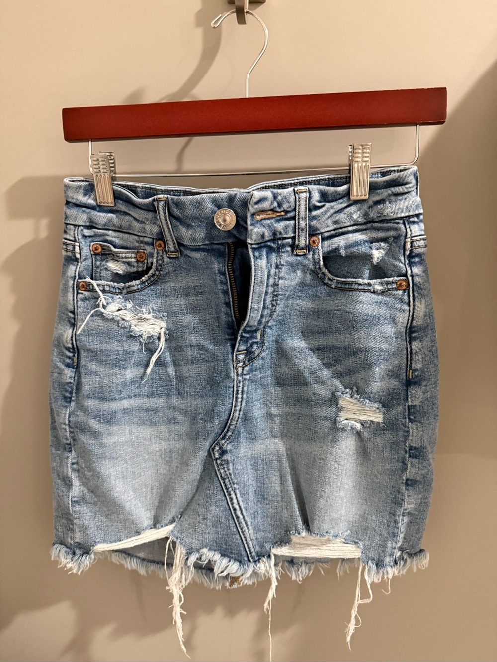 American Eagle Outfitters Light Blue Distressed Asymmetrical Denim Skirt